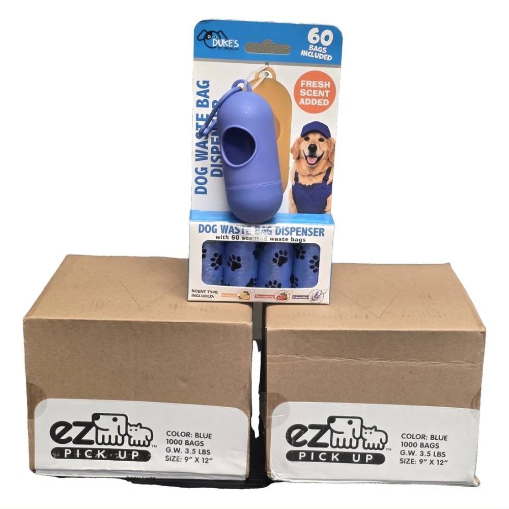 Two EZ Pick Up 1,000 count dog waste bag boxes with a blue Duke's dispenser and 60 scented bags