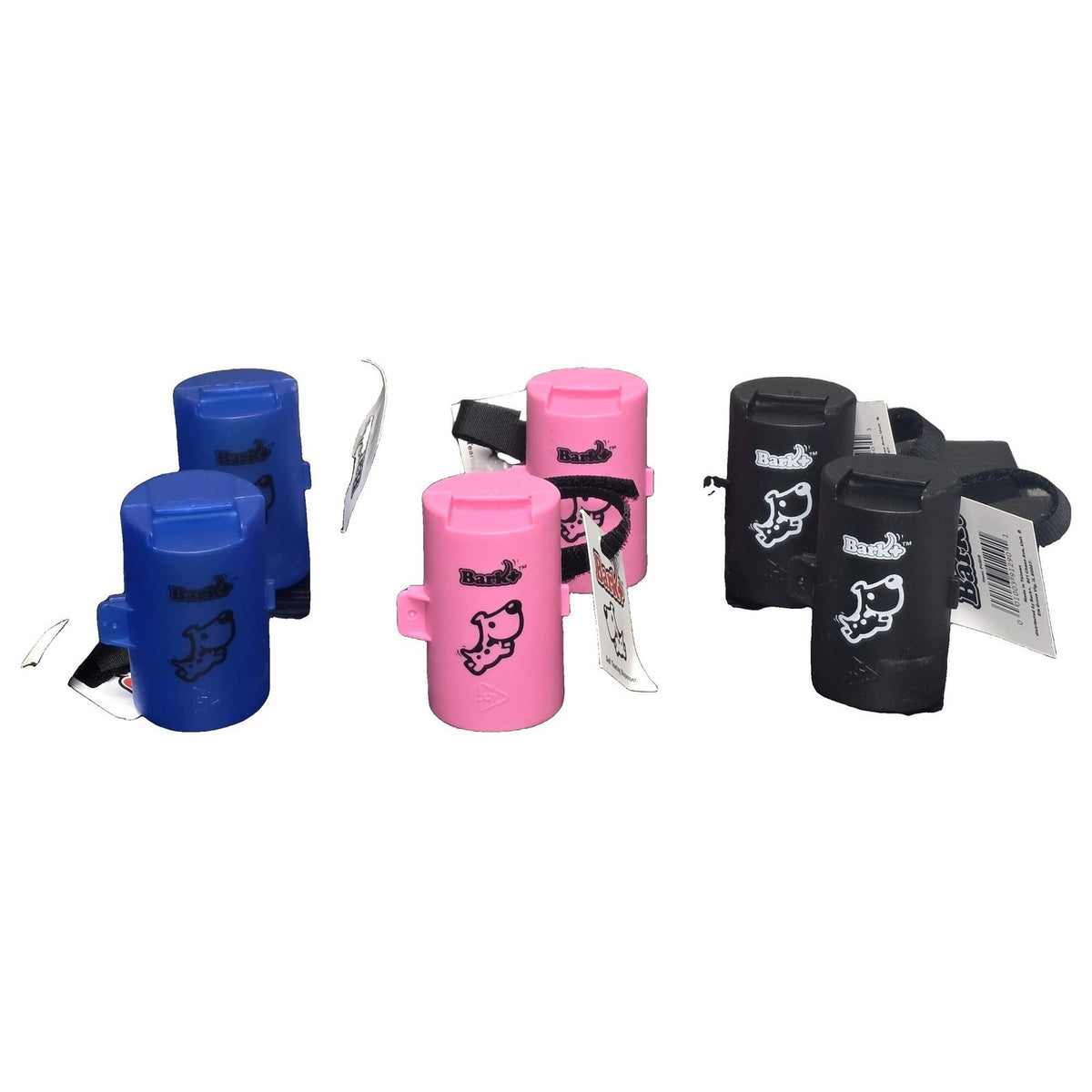 Bark+ leash clip dog waste bag dispenser 6 pack, two each in blue, black and pink