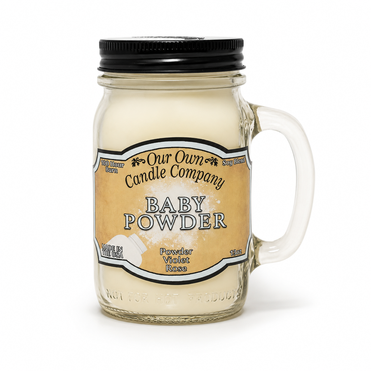Our Own Candle Company Baby Powder scented candle in a 13 oz glass mason jar with lid