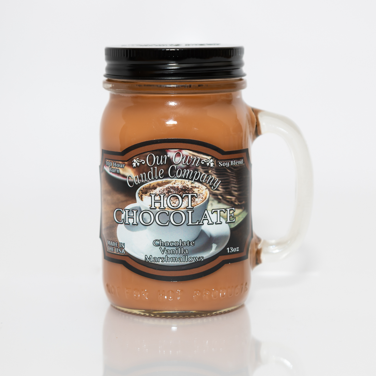 Our Own Candle Company Hot Chocolate scented candle in a 13 oz glass mason jar with lid