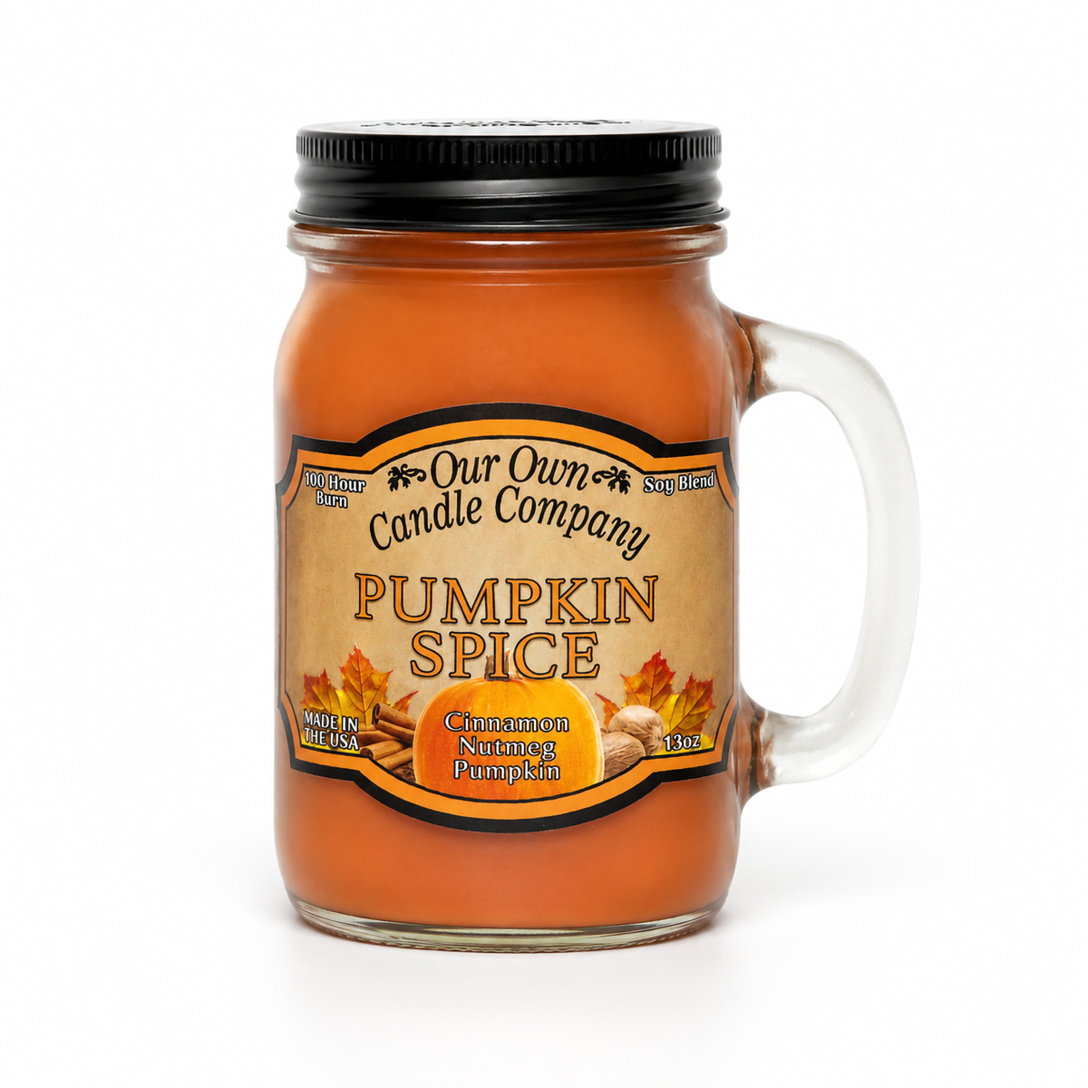 Our Own Candle Company Pumpkin Spice scented candle in a 13 oz glass mason jar with lid