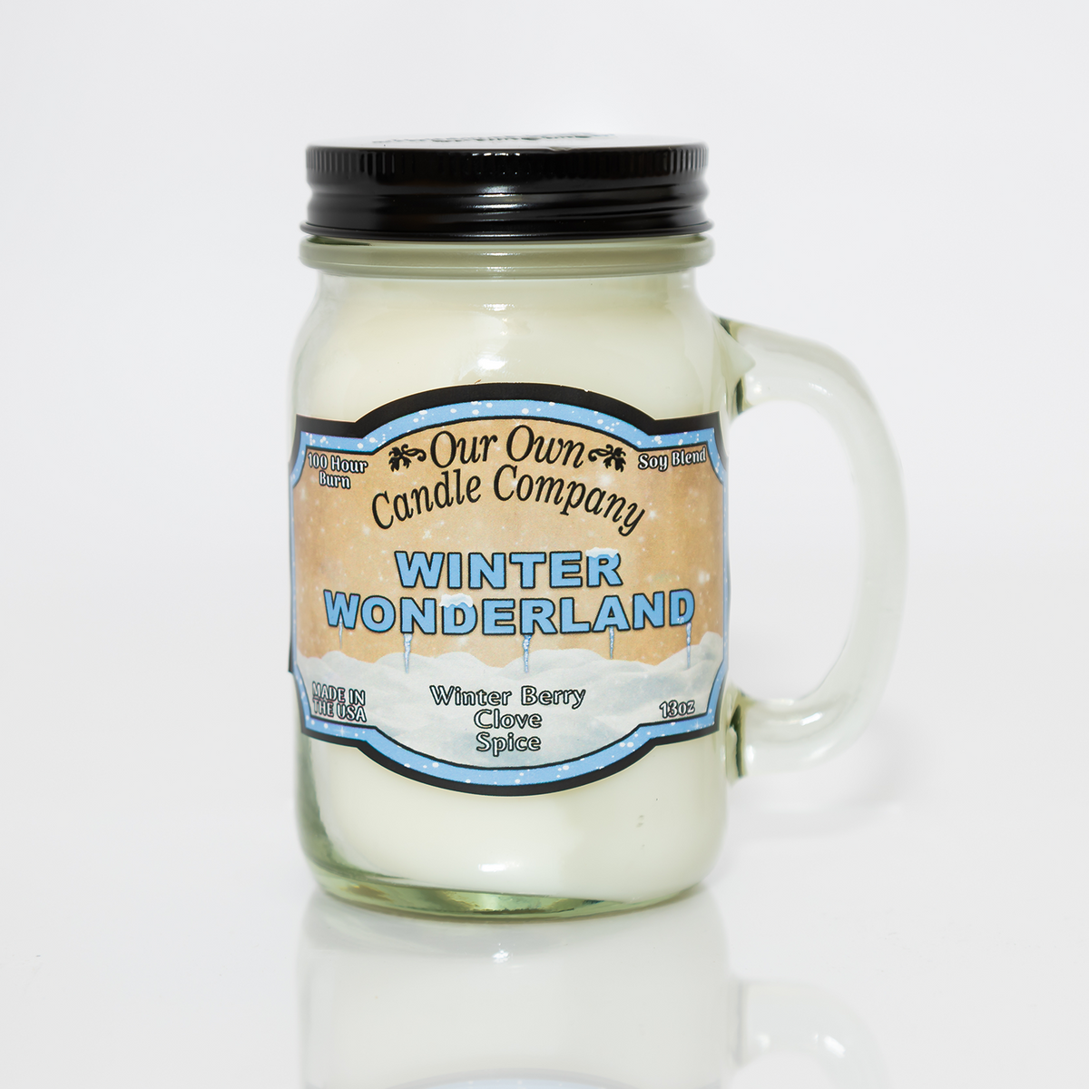 Our Own Candle Company Winter Wonderland scented candle in a 13 oz glass mason jar with lid