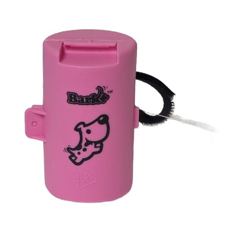 Pink Bark+ leash clip dog waste bag dispenser with white dog logo