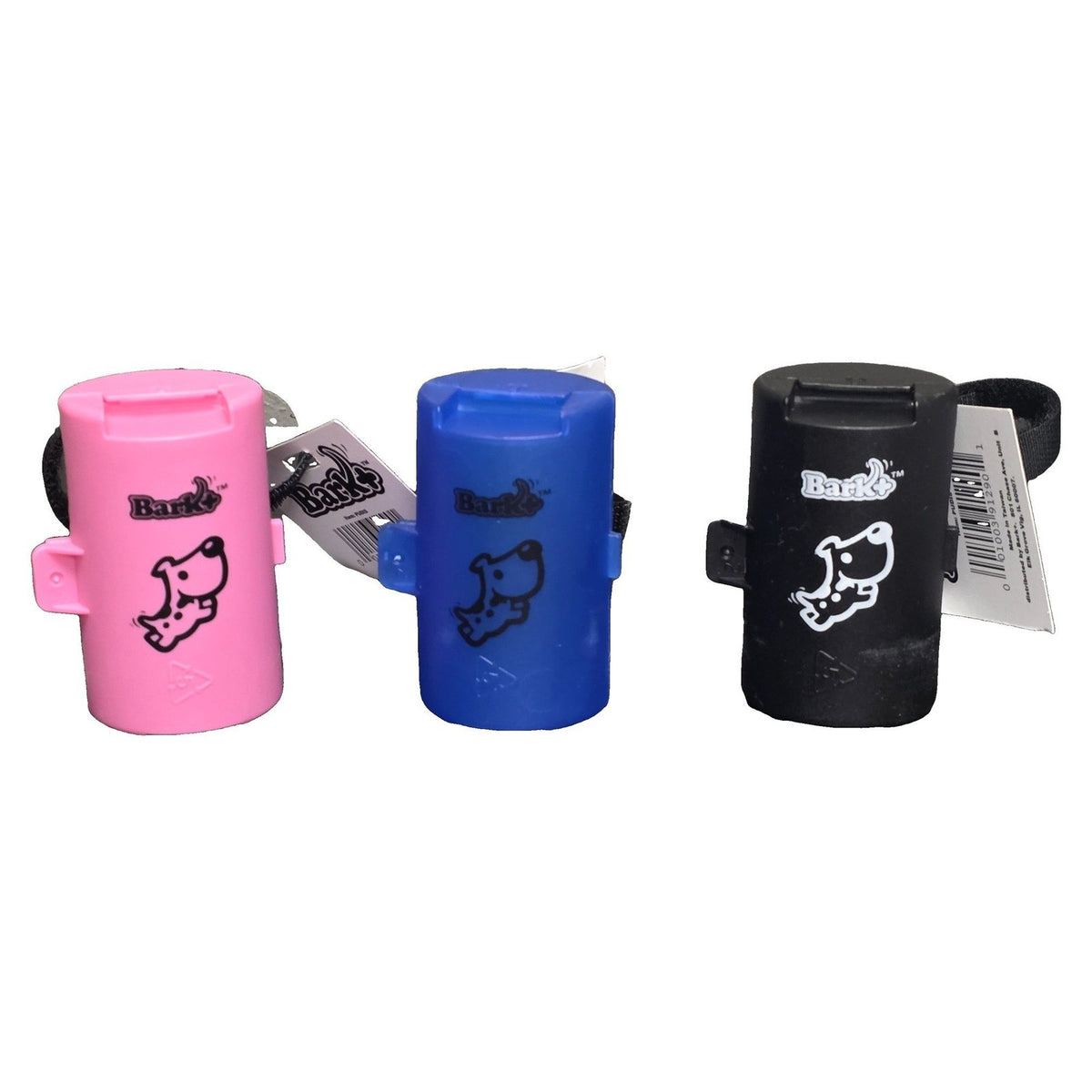 Bark+ leash clip dog waste bag dispensers in pink, blue and black