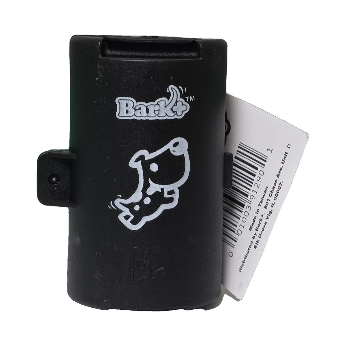 Black Bark+ leash clip dog waste bag dispenser with white dog logo