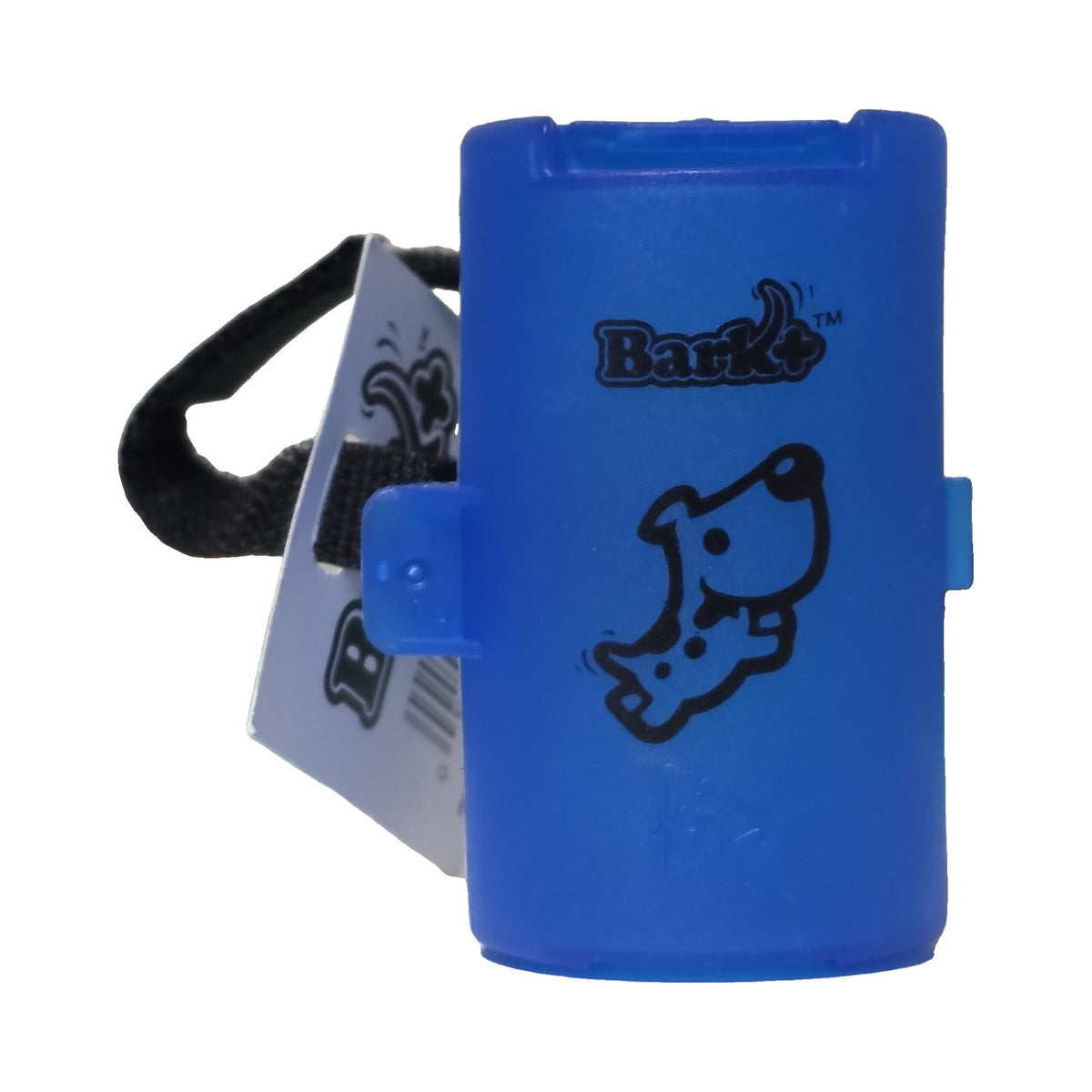 Blue Bark+ leash clip dog waste bag dispenser with white dog logo
