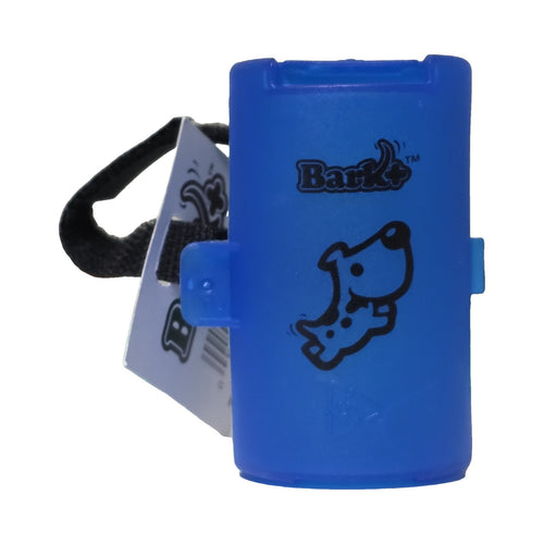 Blue Bark+ leash clip dog waste bag dispenser with white dog logo