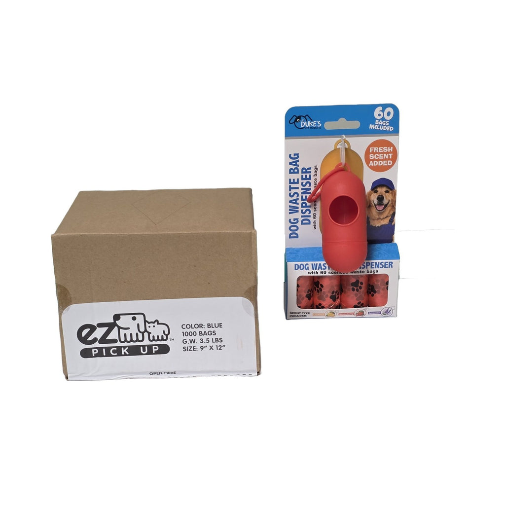 EZ Pick Up 1,000 count dog waste bag box with red Duke's dispenser and 60 scented bags