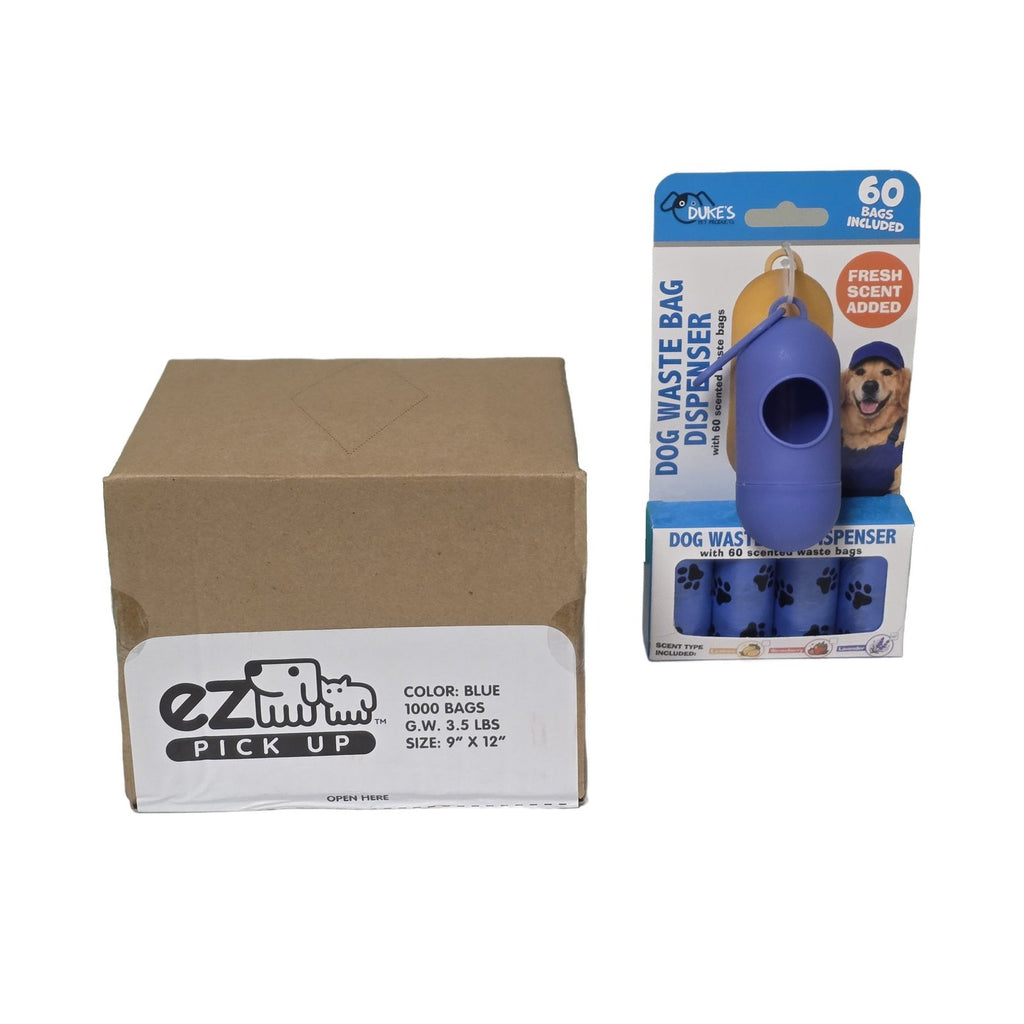 Duke's dispenser and 1,000 count dog waste bag value box bundle with blue dispenser and EZ Pick Up box