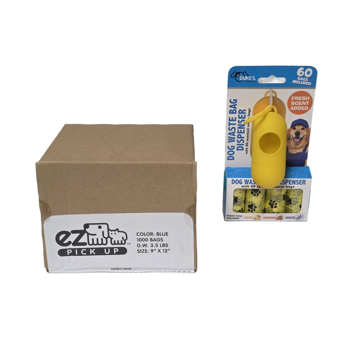 EZ Pick Up 1,000 count dog waste bag box with yellow Duke's dispenser and 60 scented bags