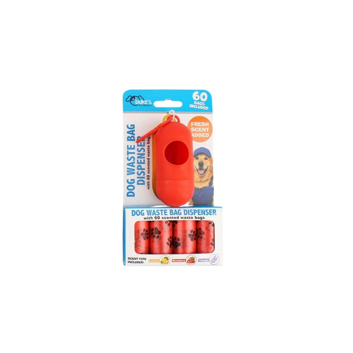 Red Duke's leash clip dog waste bag dispenser with 60 scented bags in retail package