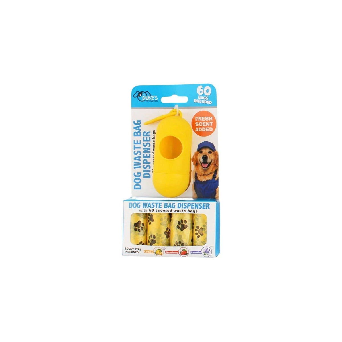 Yellow Duke's leash clip dog waste bag dispenser with 60 scented bags in retail package