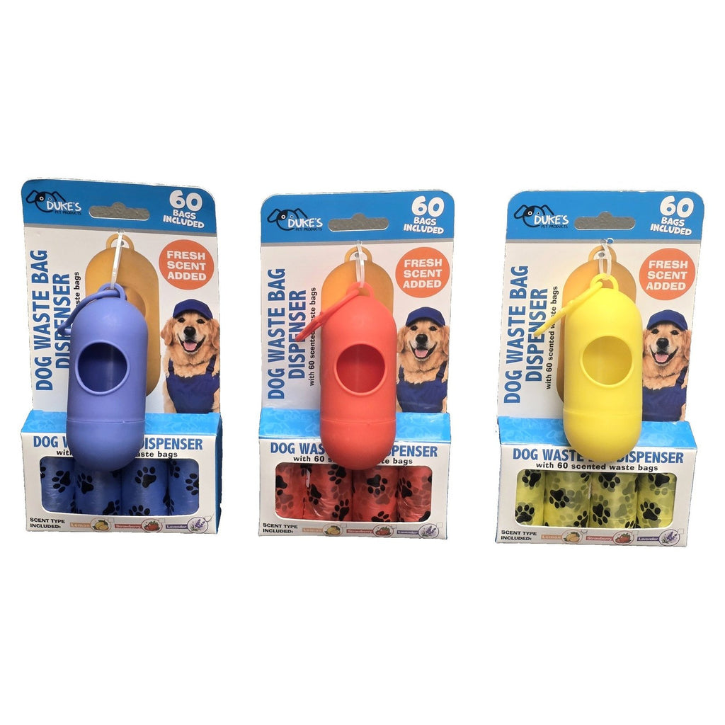 Duke's dog waste bag dispensers in blue, red and yellow, each packaged with 60 scented bags