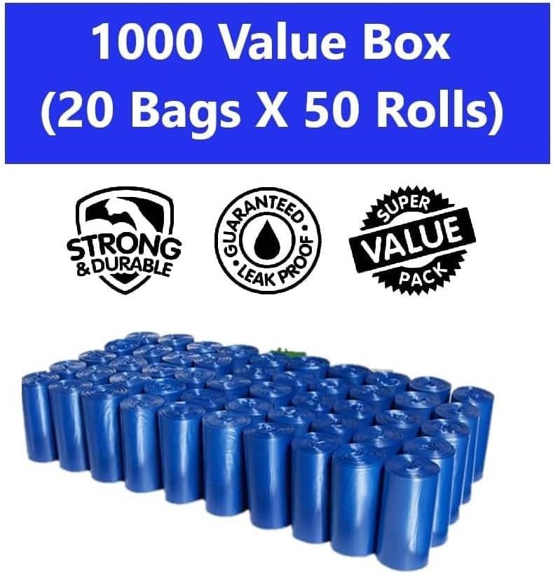 EZ Pick Up blue dog waste bag rolls, 1,000 bags total on 50 rolls