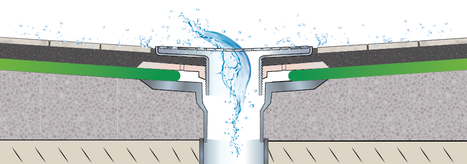 Cross-section diagram of GreenSeel membrane used as a shower pan liner around the drain