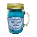 Our Own Candle Company Country Clothesline 13 oz mason jar candle, turquoise blue soy wax in a clear glass handled jar with gold metal lid and blue scrollwork label, fresh air and clean cotton scent