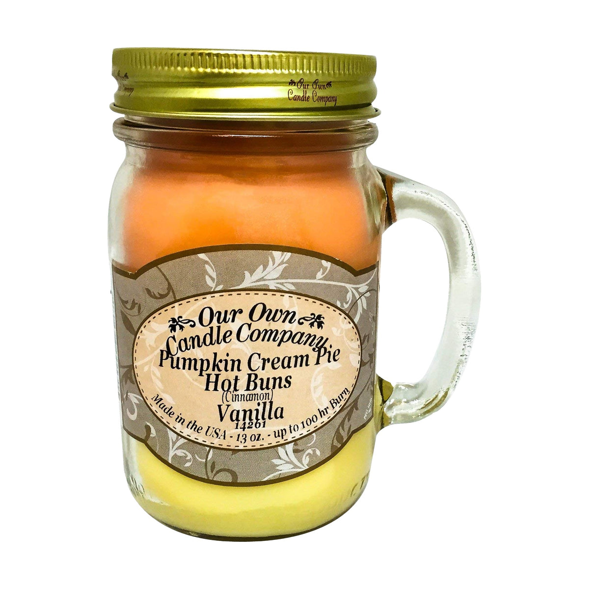 Our Own Candle Company Fall Triple 13 oz layered mason jar candle, orange, cinnamon and yellow soy wax layers in a clear glass handled jar with gold metal lid and tan scrollwork label, pumpkin cream pie, hot buns and vanilla scent