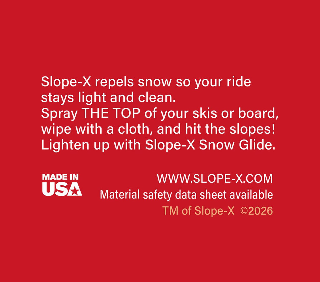 Slope-X snow repellent spray label with directions, made in USA