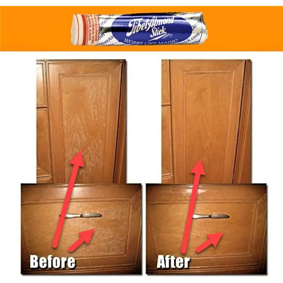 Wood cabinet door before and after scratch repair with Tibet Almond Stick