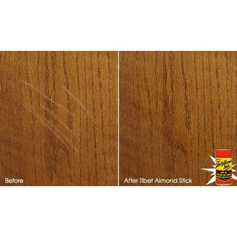 Before and after using Tibet Almond Stick on a scratched wood grain surface