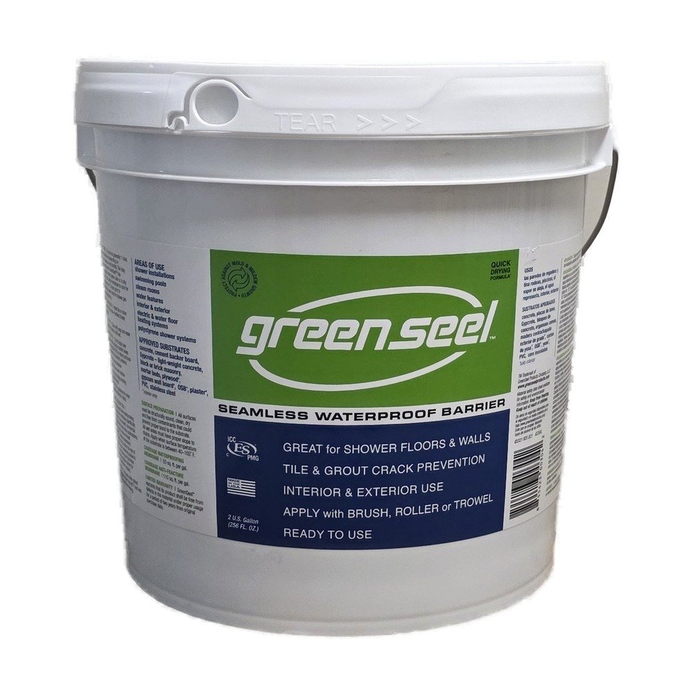 GreenSeel liquid waterproofing membrane in a 2 gallon white pail, seamless waterproof barrier for shower floors and walls