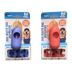 Two Duke's dog waste bag dispensers in blue and red, each carded with 60 scented waste bags