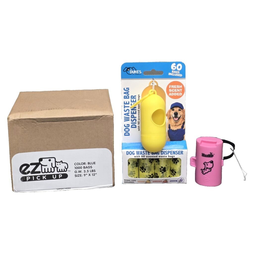 New puppy starter kit with an EZ Pick Up 1,000 count waste bag box, a yellow Duke's dispenser holding 60 scented bags and a pink Bark+ leash clip dispenser