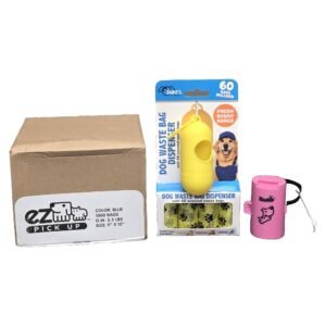 New puppy starter kit with an EZ Pick Up 1,000 count waste bag box, a yellow Duke's dispenser holding 60 scented bags and a pink Bark+ leash clip dispenser