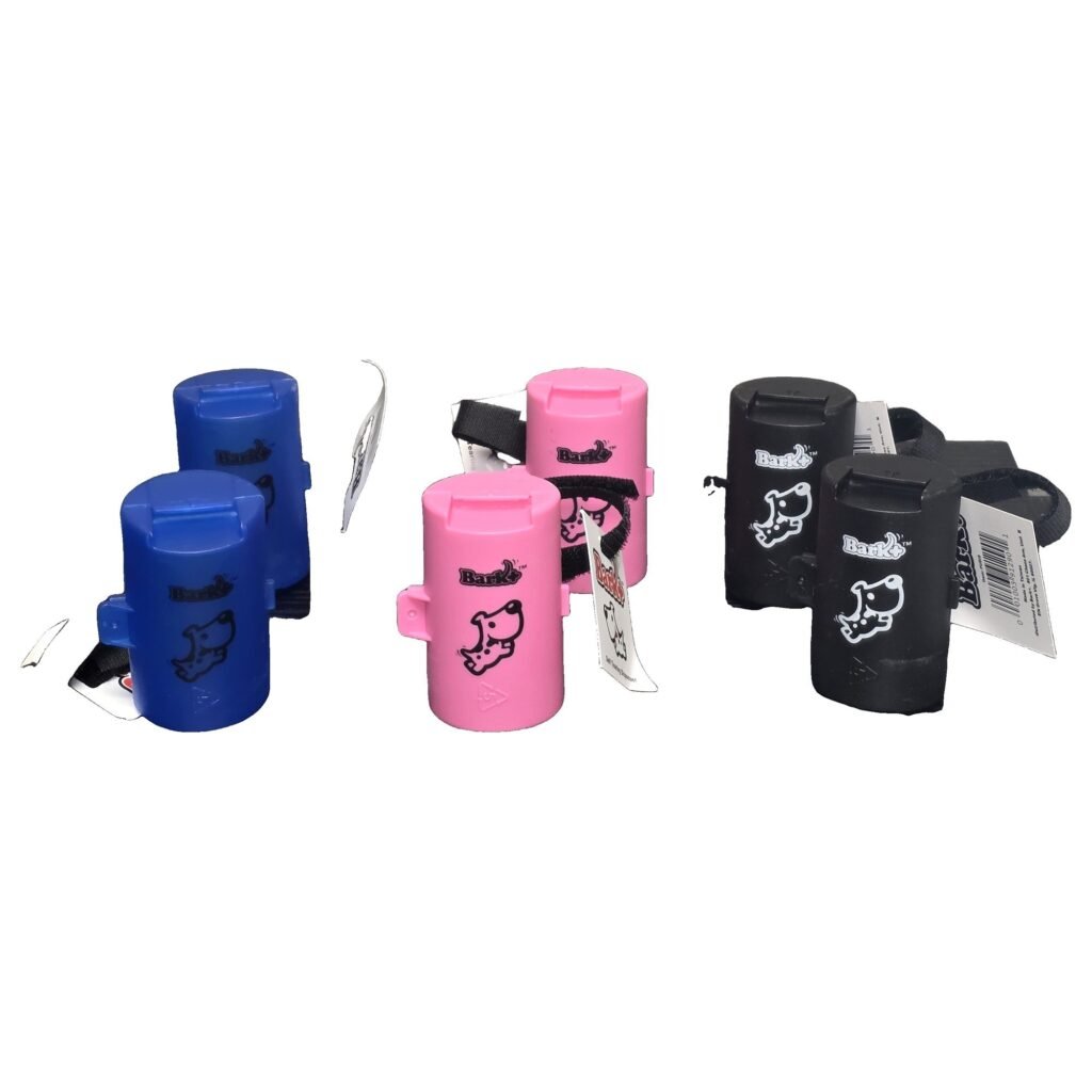 Six Bark+ leash clip dog waste bag dispensers on white, two blue, two pink and two black
