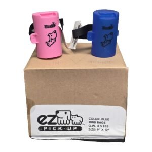 Blue and pink Bark+ leash clip dispensers on top of an EZ Pick Up 1,000 count blue dog waste bag box