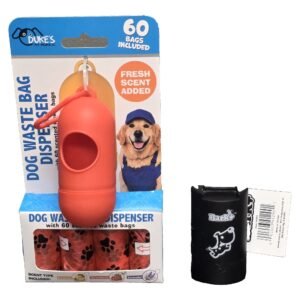 Orange Duke's dog waste bag dispenser with 60 scented bags beside a black Bark+ leash clip dispenser