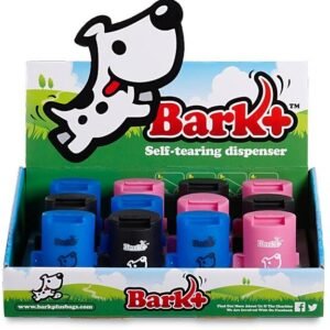 Retail display of Bark plus leash clip waste bag dispensers in blue, black and pink