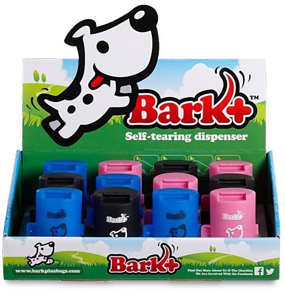 Retail display of Bark plus leash clip waste bag dispensers in blue, black and pink