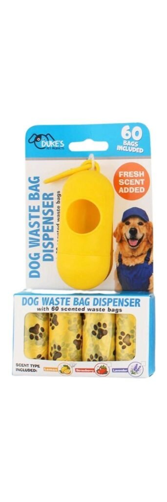Duke's dog waste bag dispenser in yellow with 60 scented waste bags