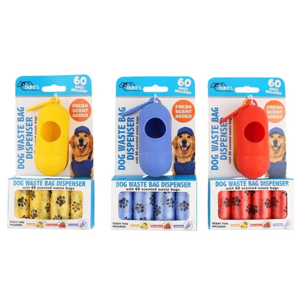 Duke's dog waste bag dispensers in yellow, blue and red, each with 60 scented bags
