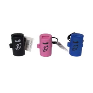 Three Bark+ leash clip waste bag dispensers in black, pink and blue